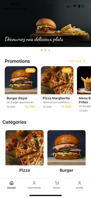App mobile O'Délice Burger — carte